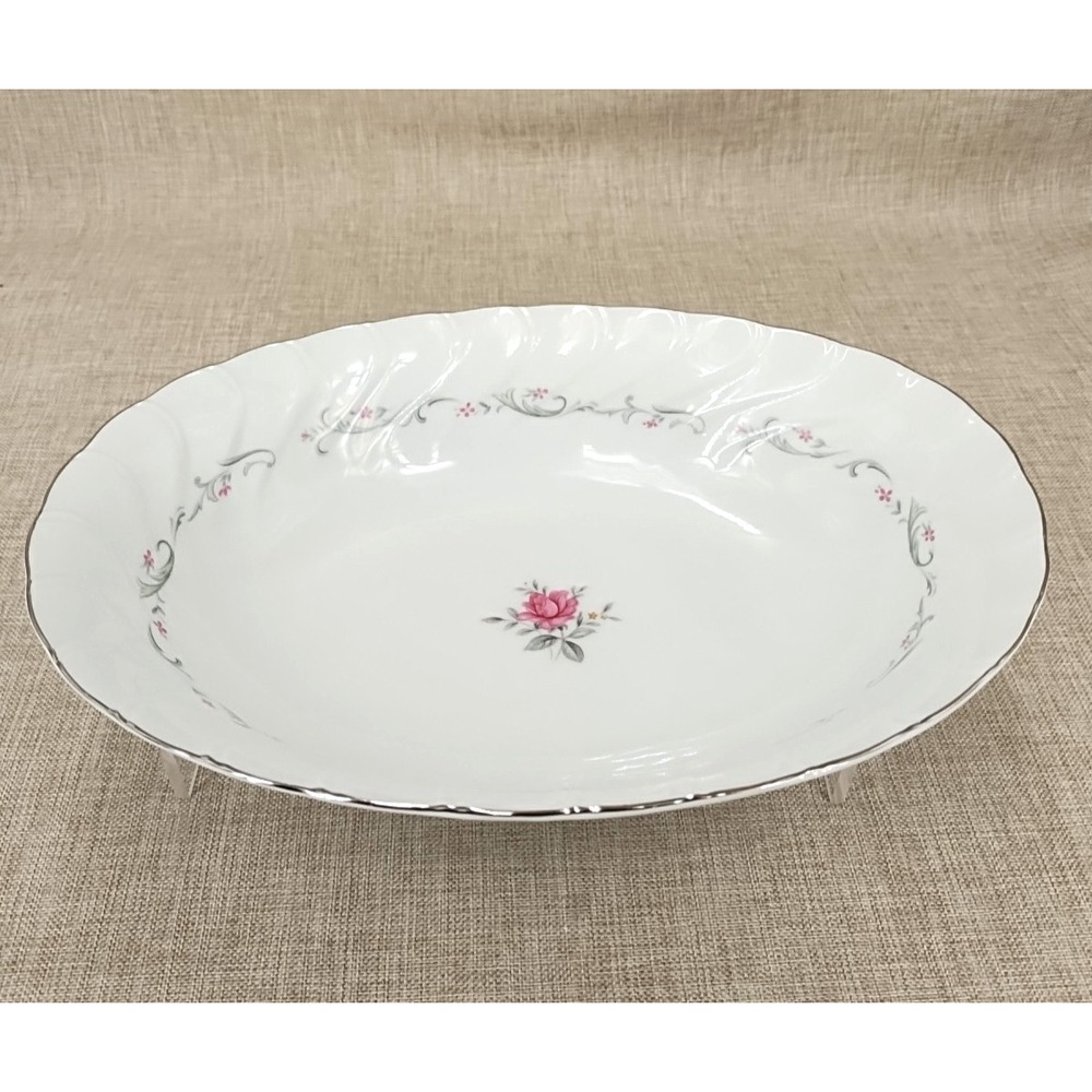 Royal Swirl Fine China Of Japan Oval Serving Bowl 10" Pink Rose Design Scalloped
